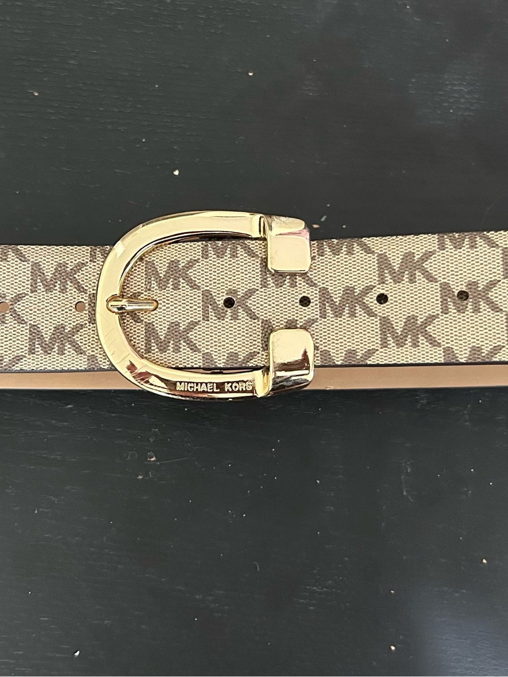Michael Kors Beige MK Logo Belt with Gold-Tone Buckle